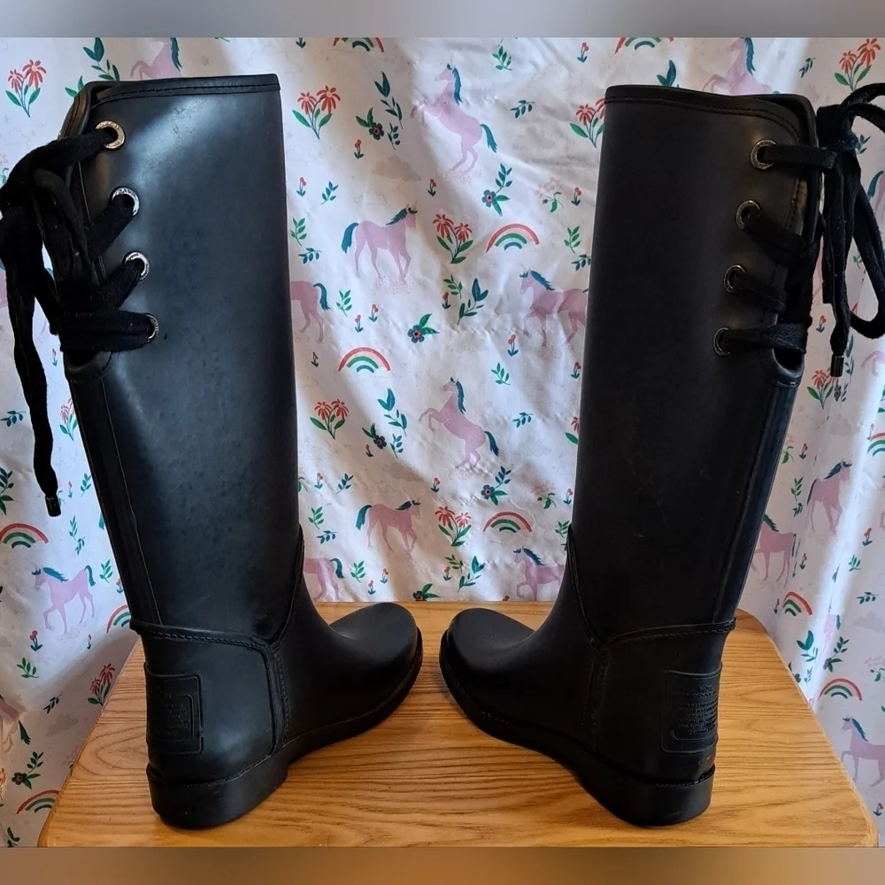 EUC Coach Tristee Black Tall Rubber Rain Casual Prep Bow Boot Shoe SZ 6B